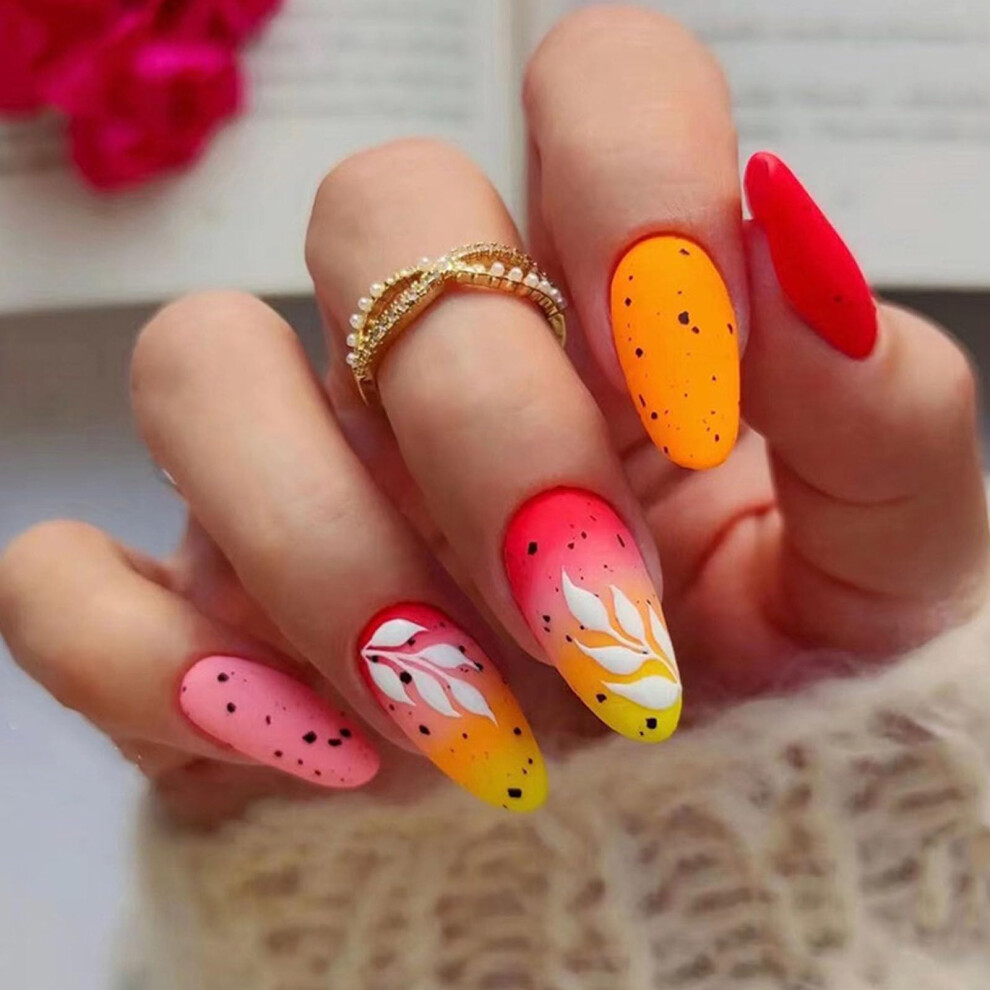 Medium Almond Press On Nails Matte Fall Leaf Design Yellow and Red Fake Nails 24pcs