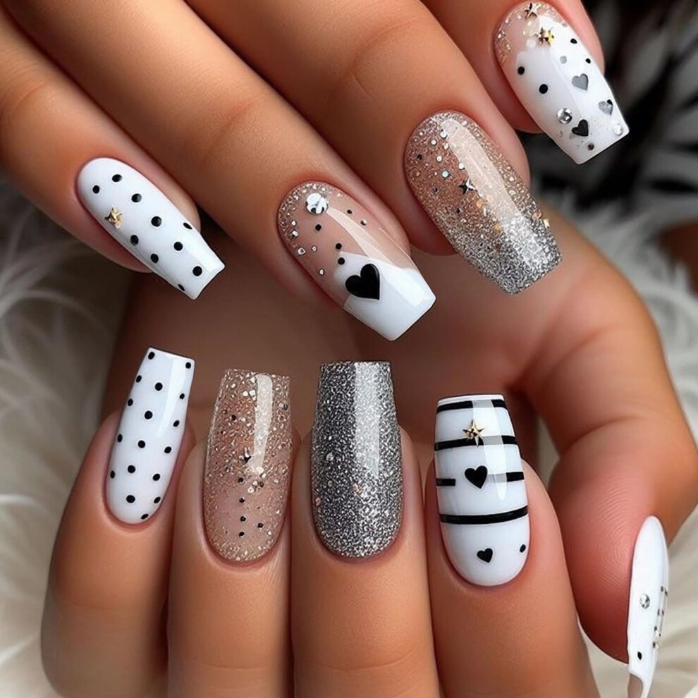 White Long Coffin Press On Nails French Tip Cat Eye Design With Glitter Rhinestones 24Pcs