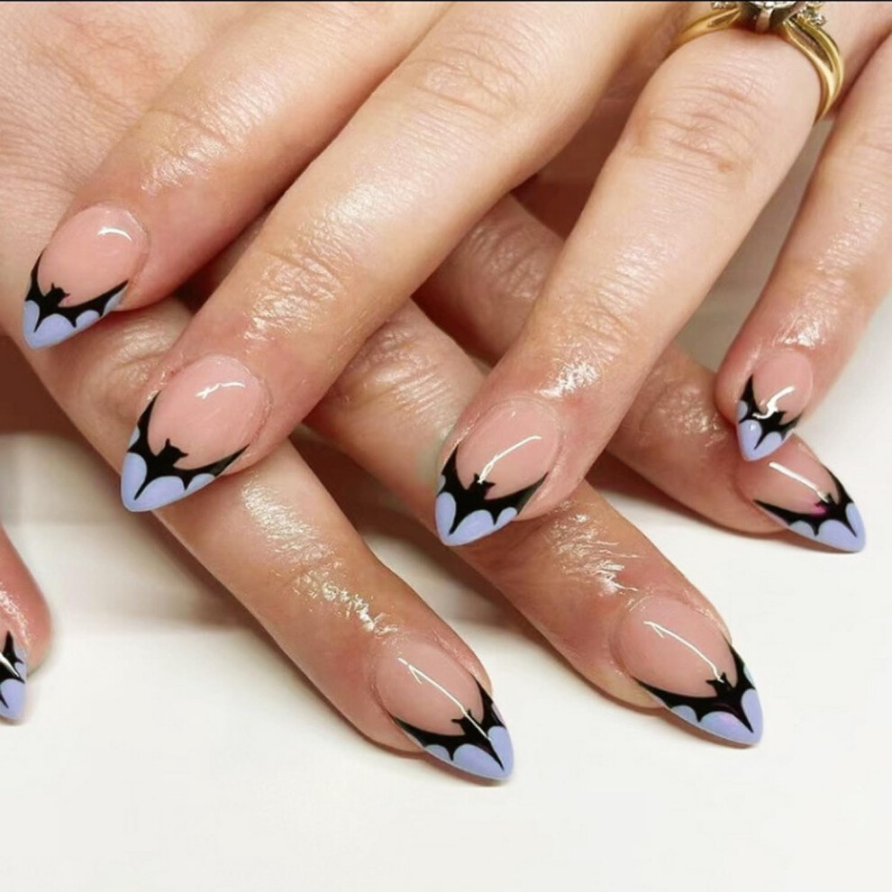 Halloween Press On Nails Short Almond Shape Fake Nails with Bat French Tip Design 24pcs