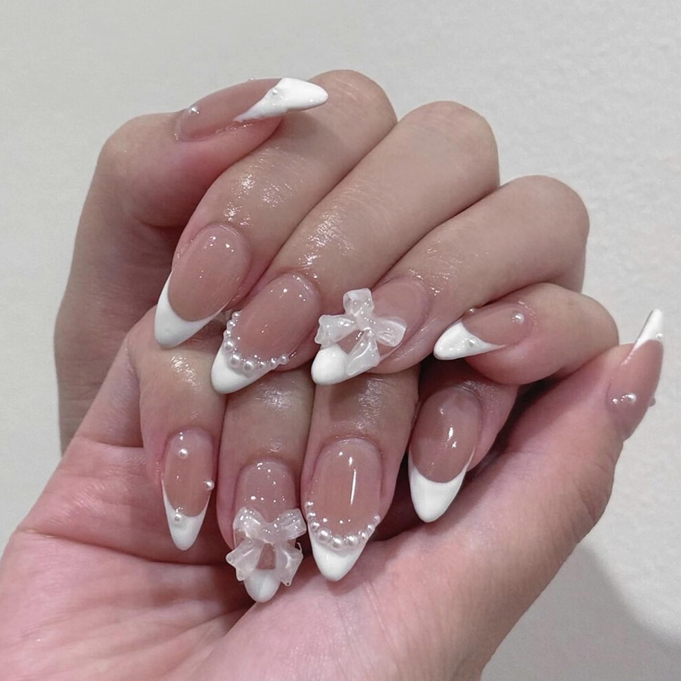 White French Tip Press On Nails Medium Almond Stiletto Fake Nails With Pearls For Wedding 24Pcs