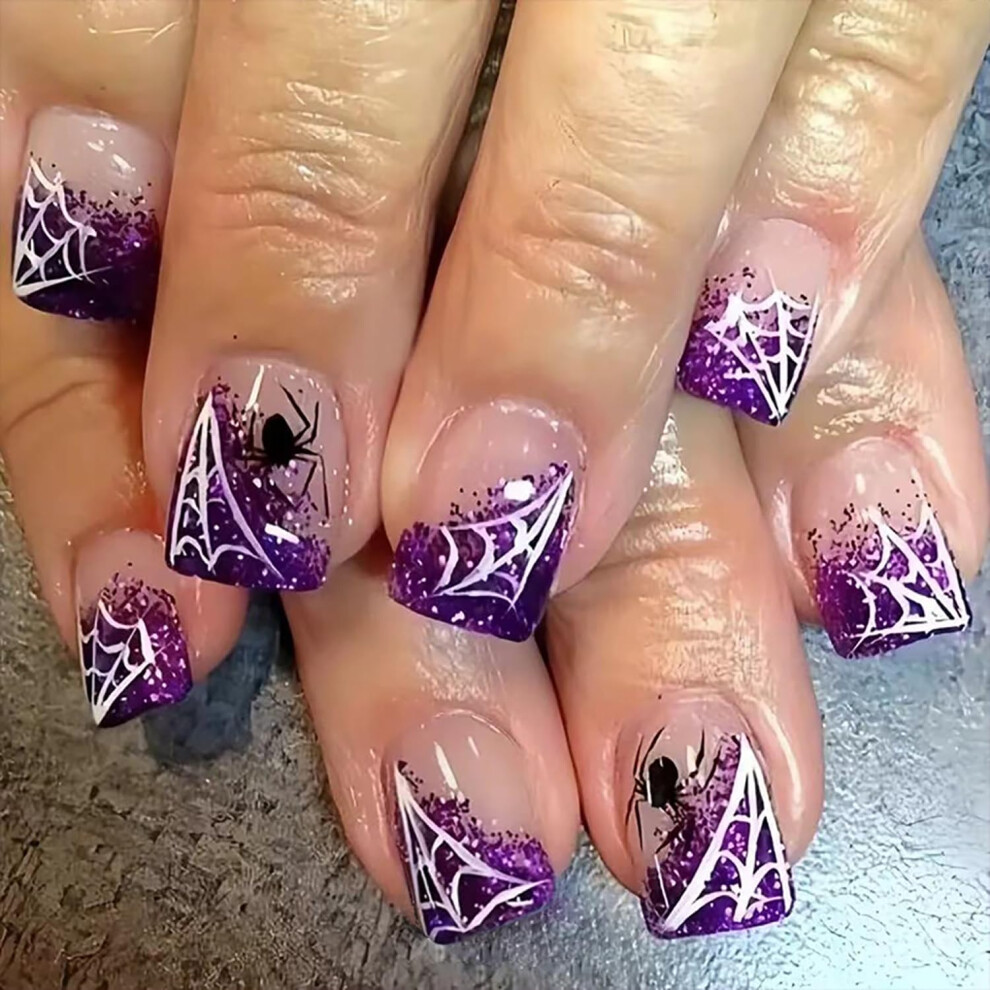 Purple Halloween Press On Nails Short Square French With Spider Web Glitter, Reusable 24Pcs False Nail Kit For Women