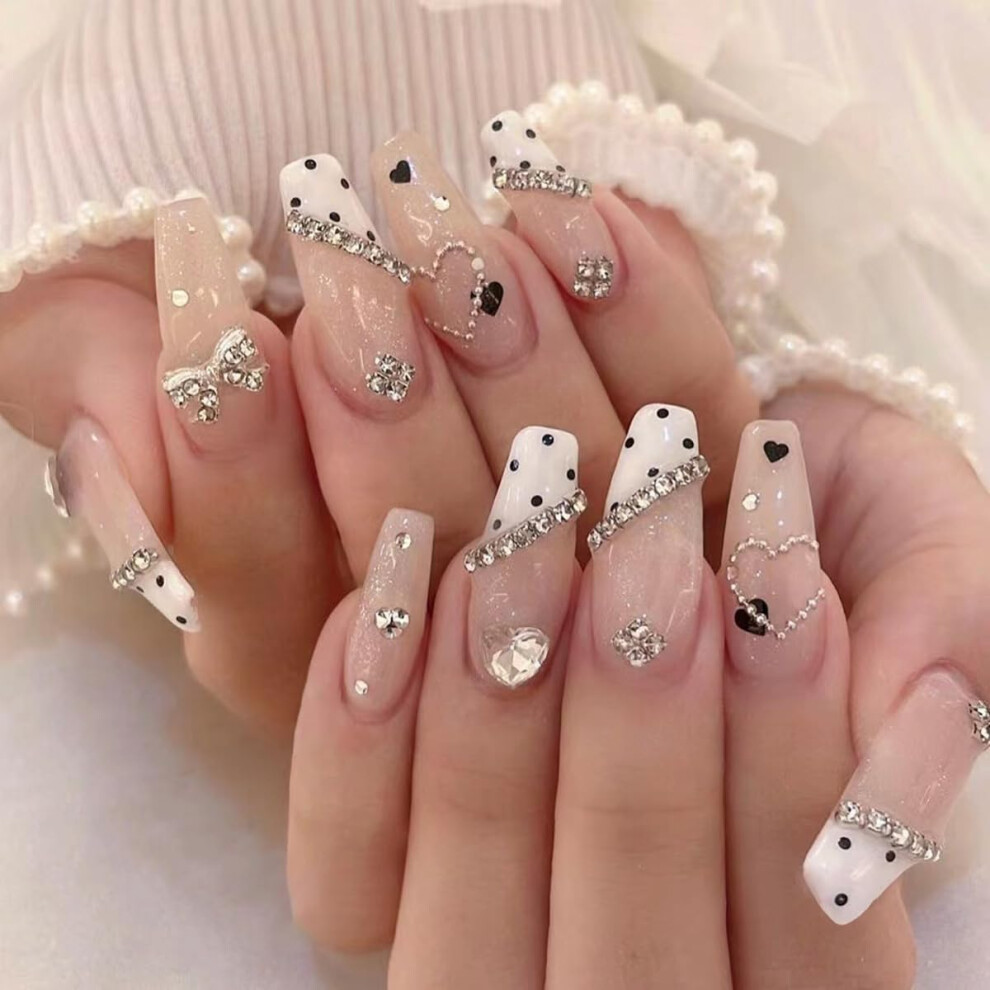 Pink Glitter Press On Nails With Rhinestones, Medium Length, 24 Nail Set With Manicure Kit