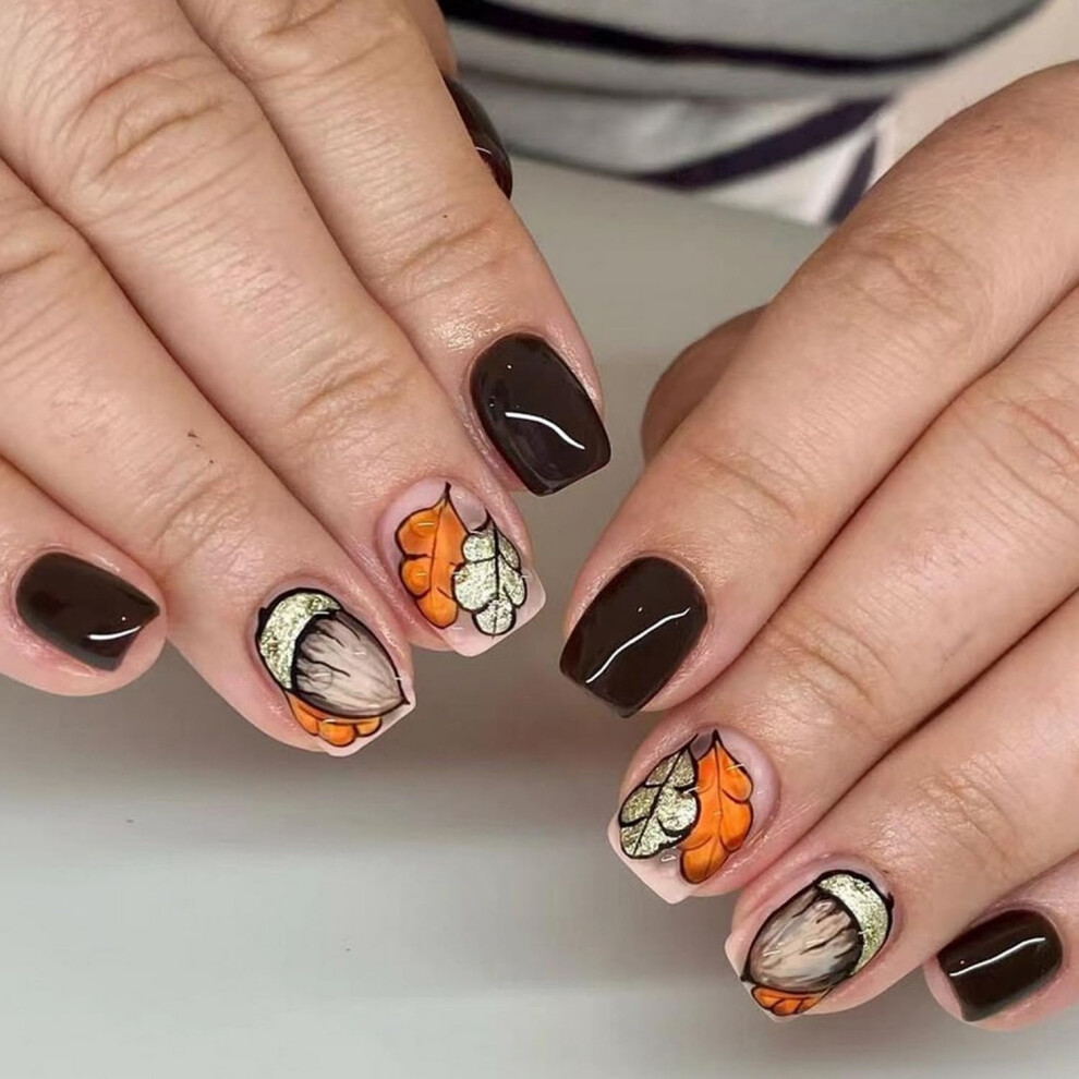 Fall Square Press on Nails Set with Glitter Fake Nails Brown Glossy Acrylic 24 Pcs