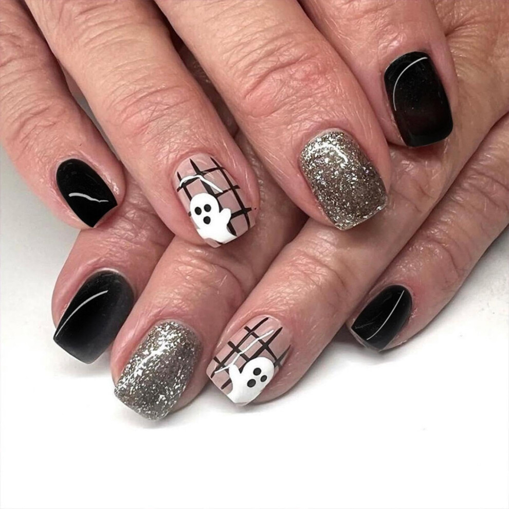 Black,Gold Halloween Press On Nails Set Short Square Black Spiderweb Gold Glitter Ghost Design 24Pcs Reusable