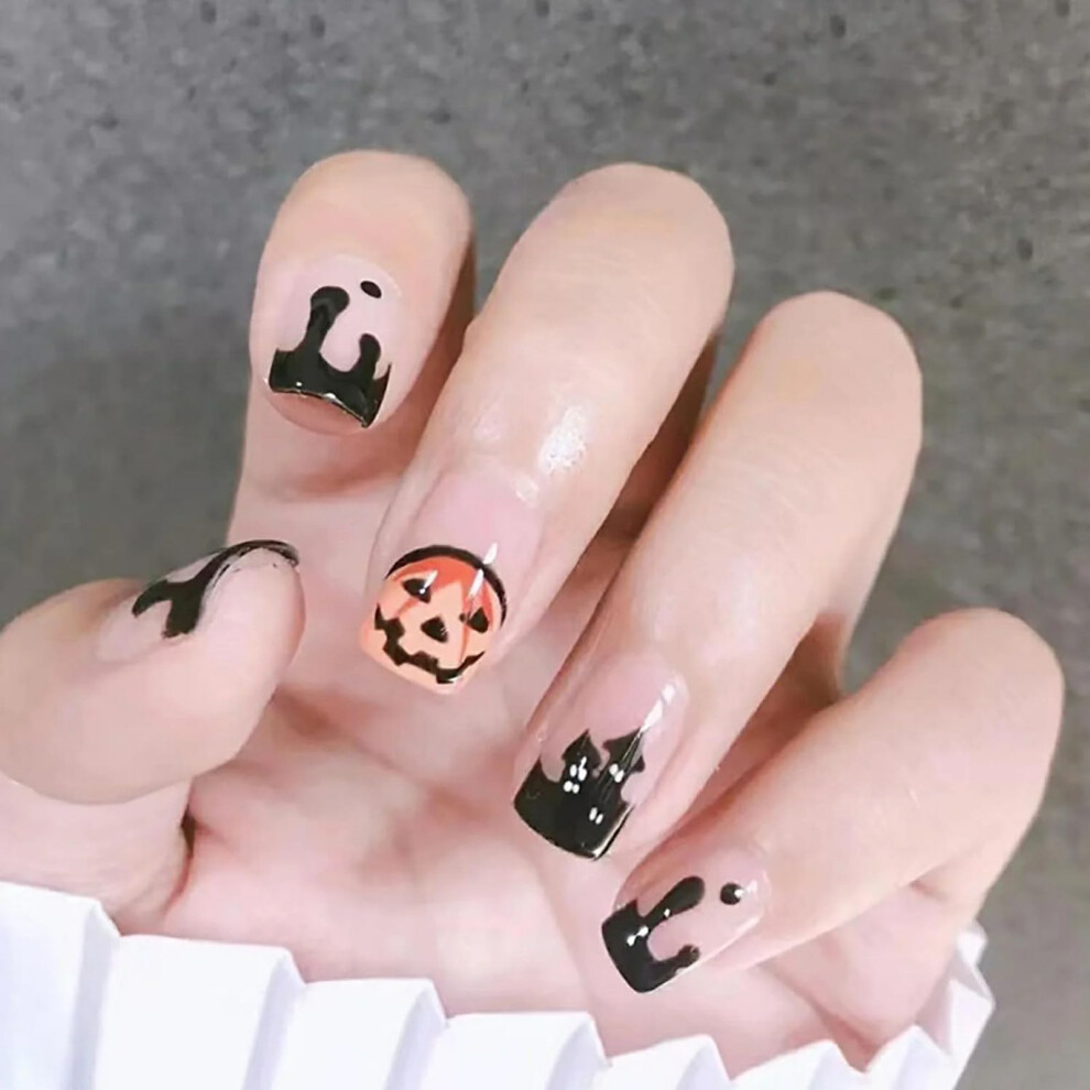 24Pcs Short Square Halloween Press On Nails with Adhesive, Reusable Fake Nails for Women