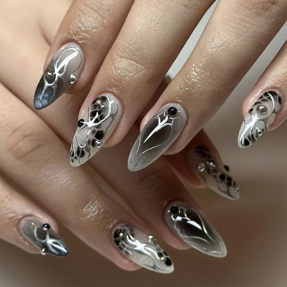 Black Gradient Press On Nails Medium Almond Coffin Fake Nails Y2k Punk Silver Accents 24Pcs