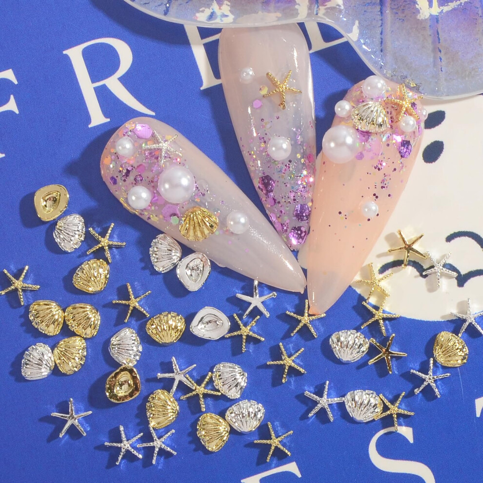 100PCS Seashell Nail Art Charms Set with Beach Starfish for DIY Manicure and Nail Decoration
