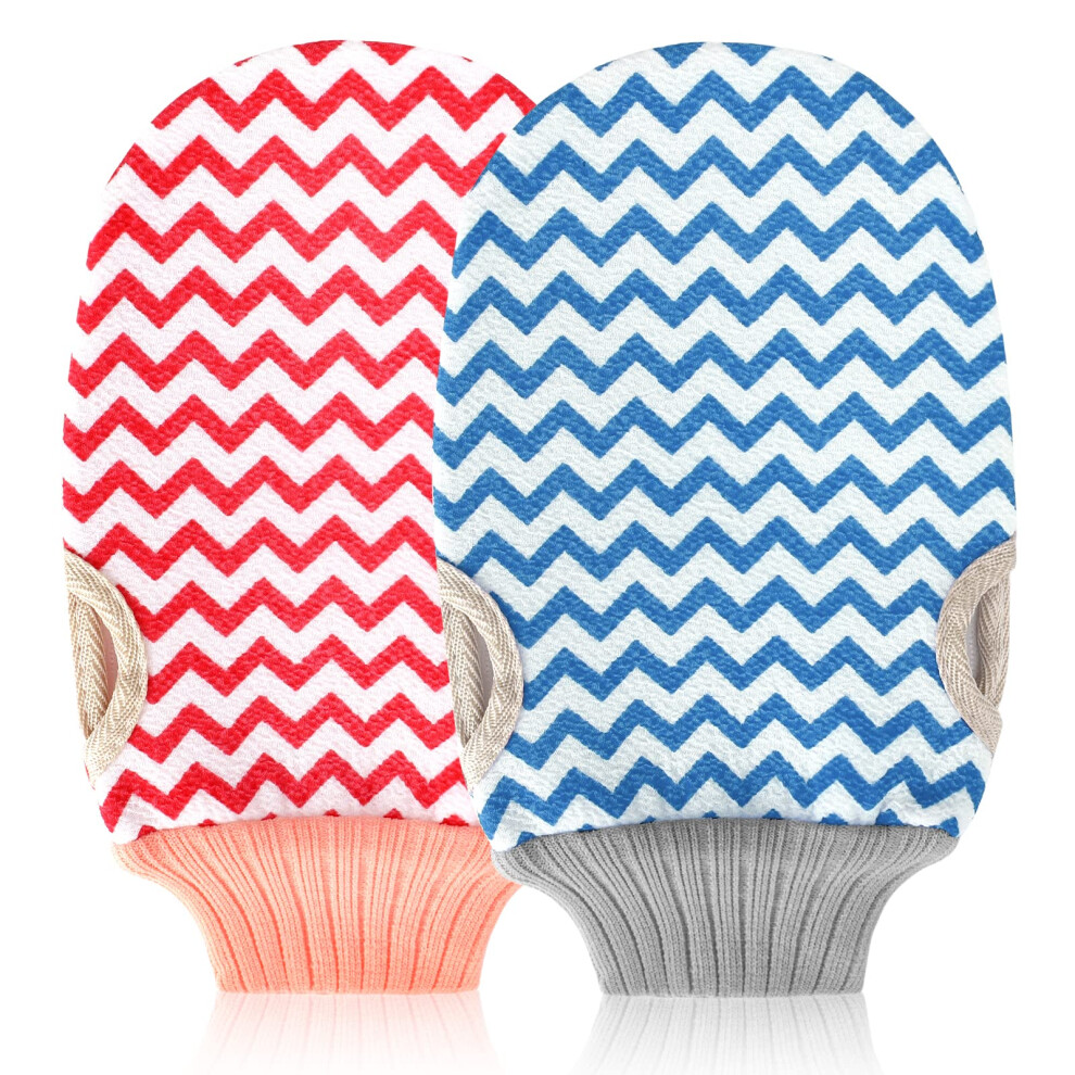 Red/Blue Exfoliating Gloves And Self Tanner Mitt, Dual Purpose Body Scrub Shower Mitts Dead Skin Remover