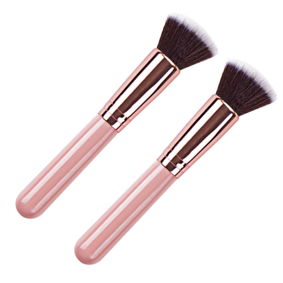 Pink 2Pcs Flat Head Foundation Brush For Flawless Makeup, Liquid And Powder Blending