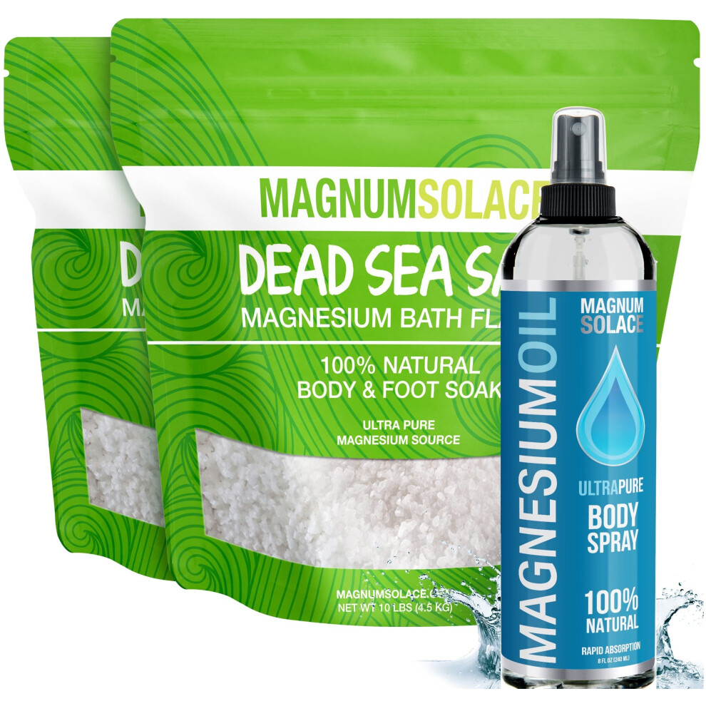 Pure 20 lbs Magnesium Bath Flakes and Oil Spray Bundle for Muscle Relief and Relaxing Soaks