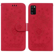 Case for compatible with Samsung Galaxy A41 with butterfly rose embossed leather Red
