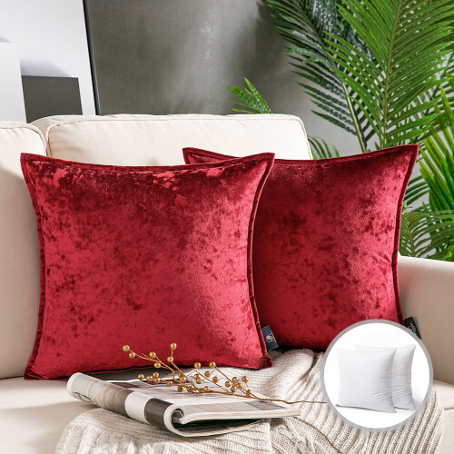 Phantoscope Patterned Velvet Tailored Edge Decorative Throw Pillow, 20" x 20", Red, 2 Pack