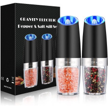 Gravity Electric Pepper & Salt Grinder Set, Adjustable Coarseness, Battery Powered, LED Light, One Hand Operation, Stainless Steel Black, 2 Pack