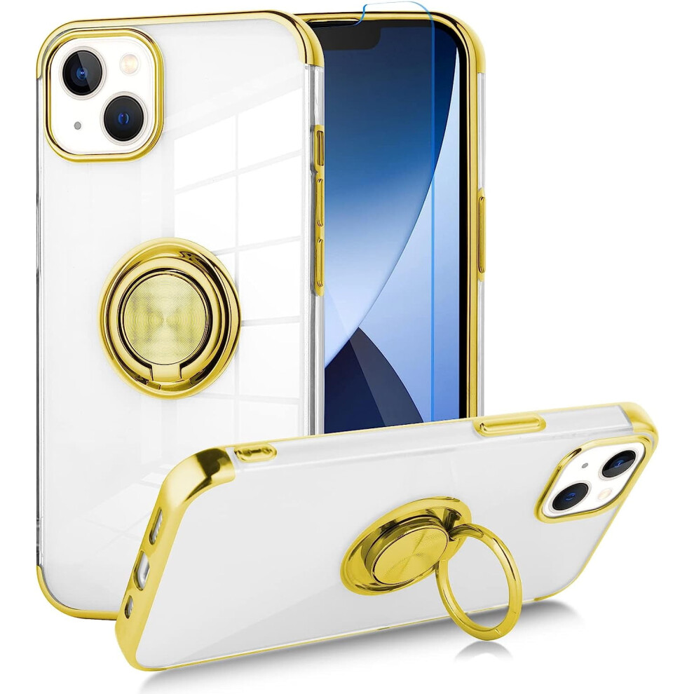 Clear Case For Iphone 14 Plus With Screen Protector, 360 Magnetic Ring Kickstand, Shockproof Bumper Cover - Golden 9322103928410