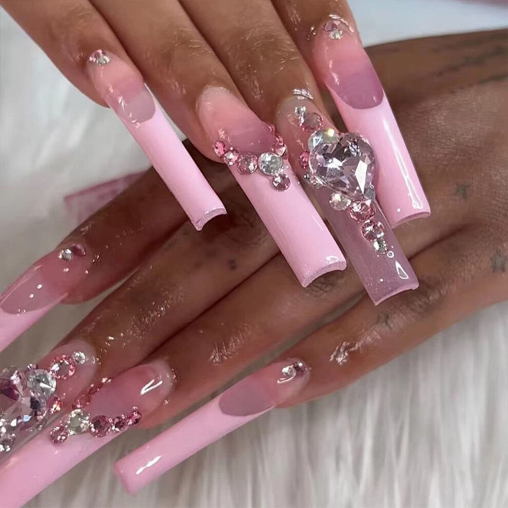 Pink French Tip Press On Nails Medium Length With Glue Reusable Abs Fake Nails 24Pcs
