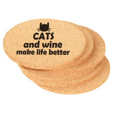 Set of 6 Cork Drink Coasters Cats and Wine Make Life Better (Round)