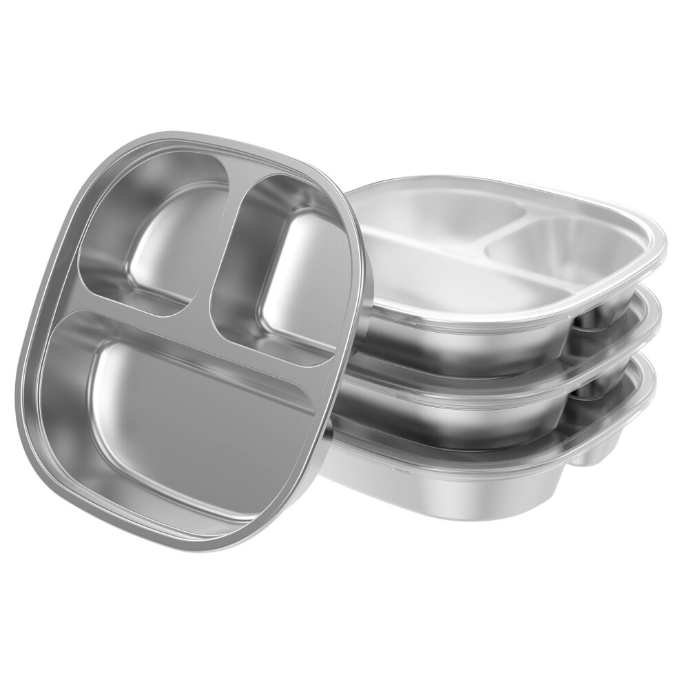 4Pcs Stainless Steel Kids Plates, Reusable Stackable Divided Plates with Lid, Dishwasher Safe, Anti-Rust, Compatible with Picnic Camping School