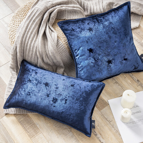 Phantoscope Patterned Velvet Tailored Edge Decorative Throw Pillow, 12" x 20", Navy, 2 Pack 1