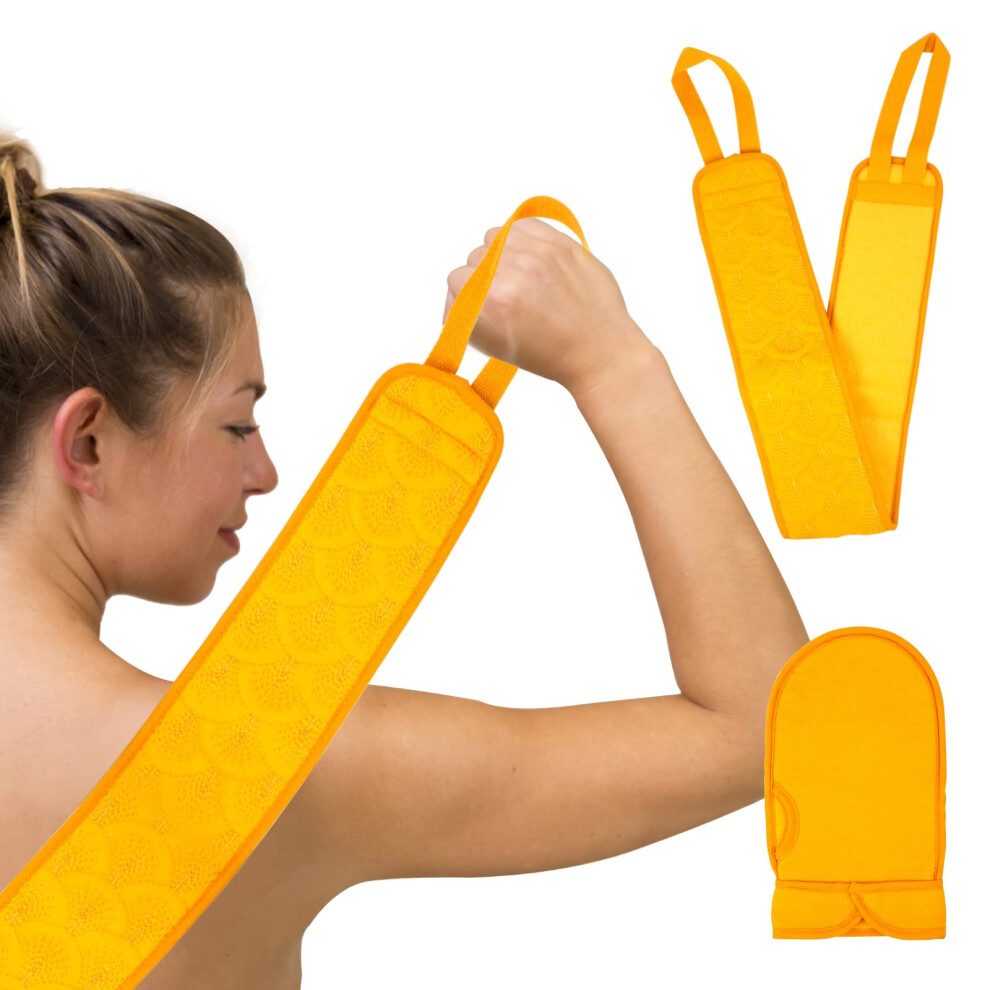 Exfoliating Back Scrubber Set with DualSided Rayon Loofah and Bath Gloves for Deep Shower Clean