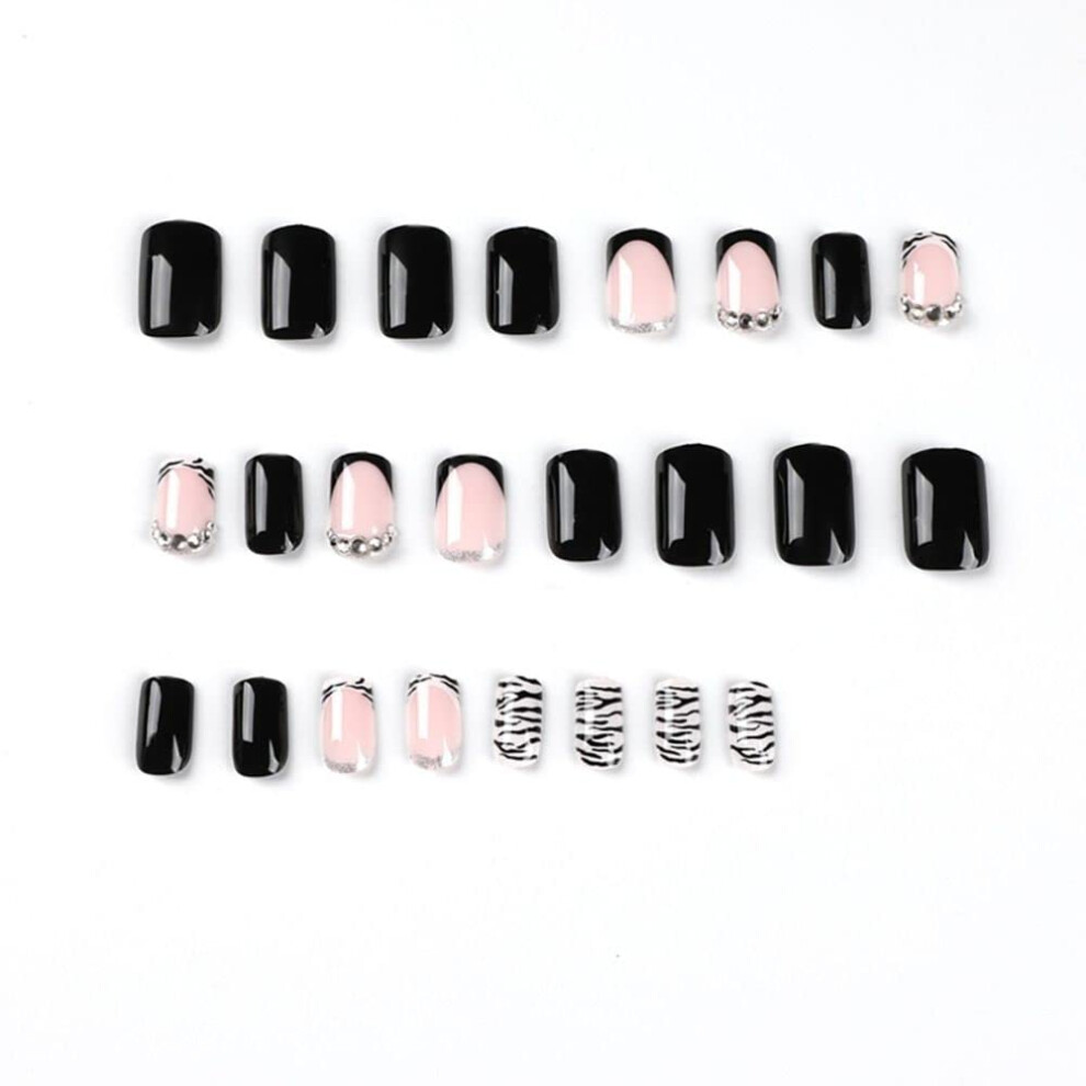24pcs Black Coffin Press On Nails Long Full Cover Fake Nails with Rhinestones Detachable Tips
