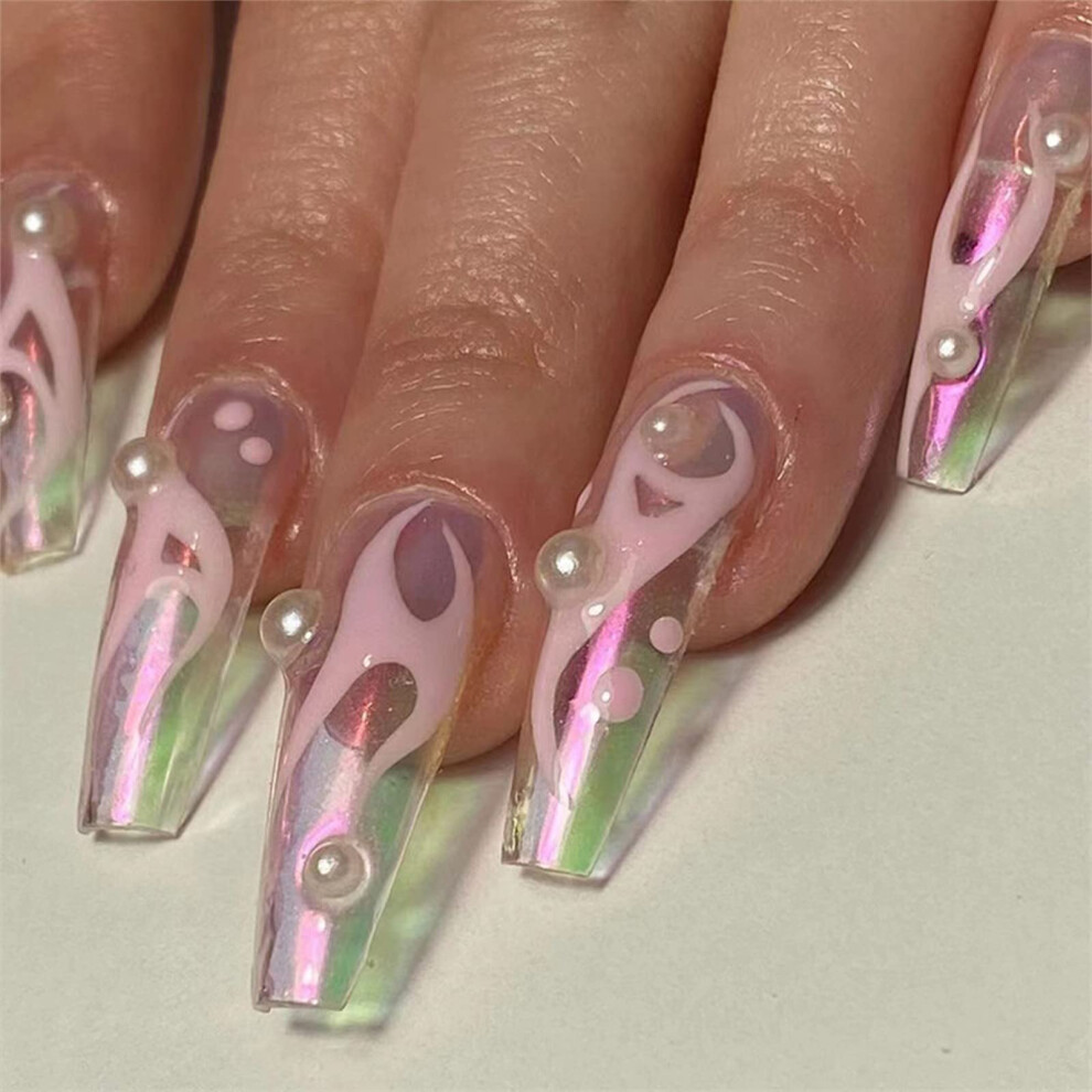 White 24Pcs Long Coffin Press On Nails With Glue Pearl Aurora Flame Full Cover Fake Nails For Women