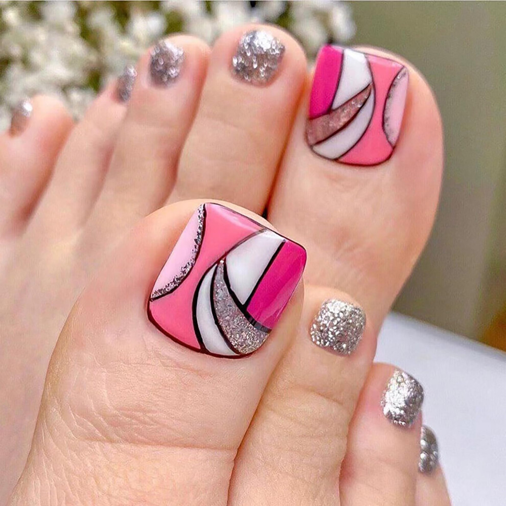 Pink Press On Toenails Geometric Gel Pedicure With Silver Glitter Accents Glossy Reusable 24Pcs