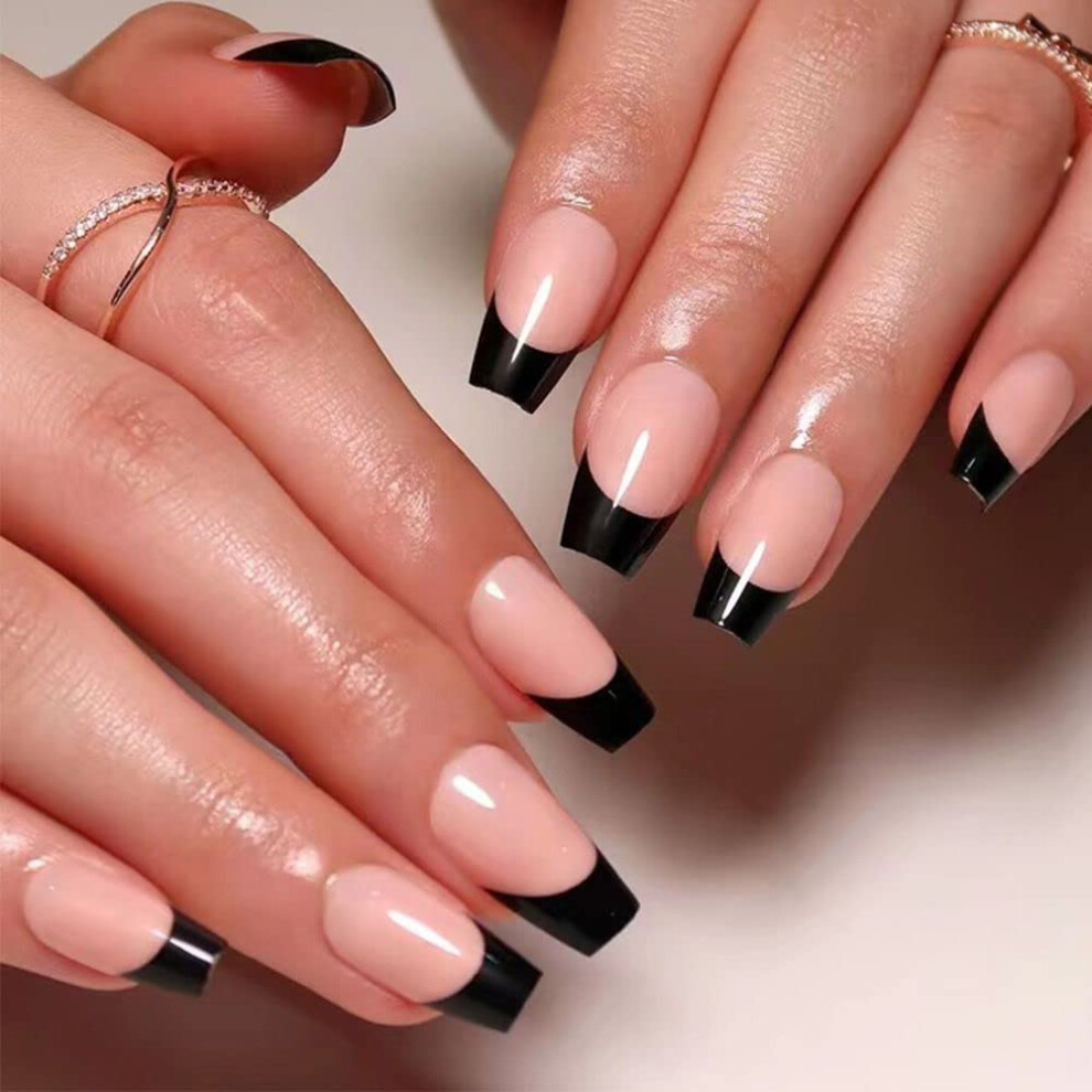 Black Edge Ballerina Press On Nails Set For Women, Full Cover Fake Nails Instant Manicure 24Pcs