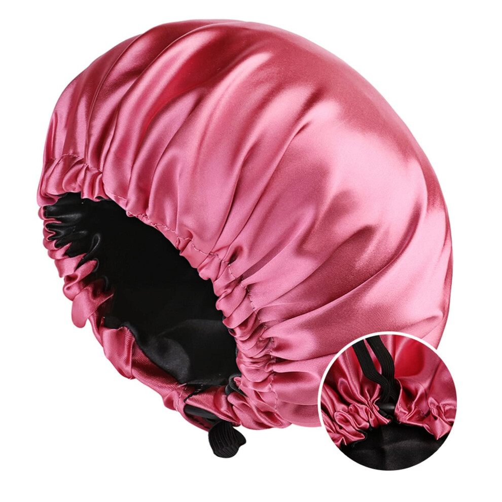 Red Waterproof Shower Cap For Women And Girls, Adjustable Satin Hair Bonnet, Reusable Watermelon