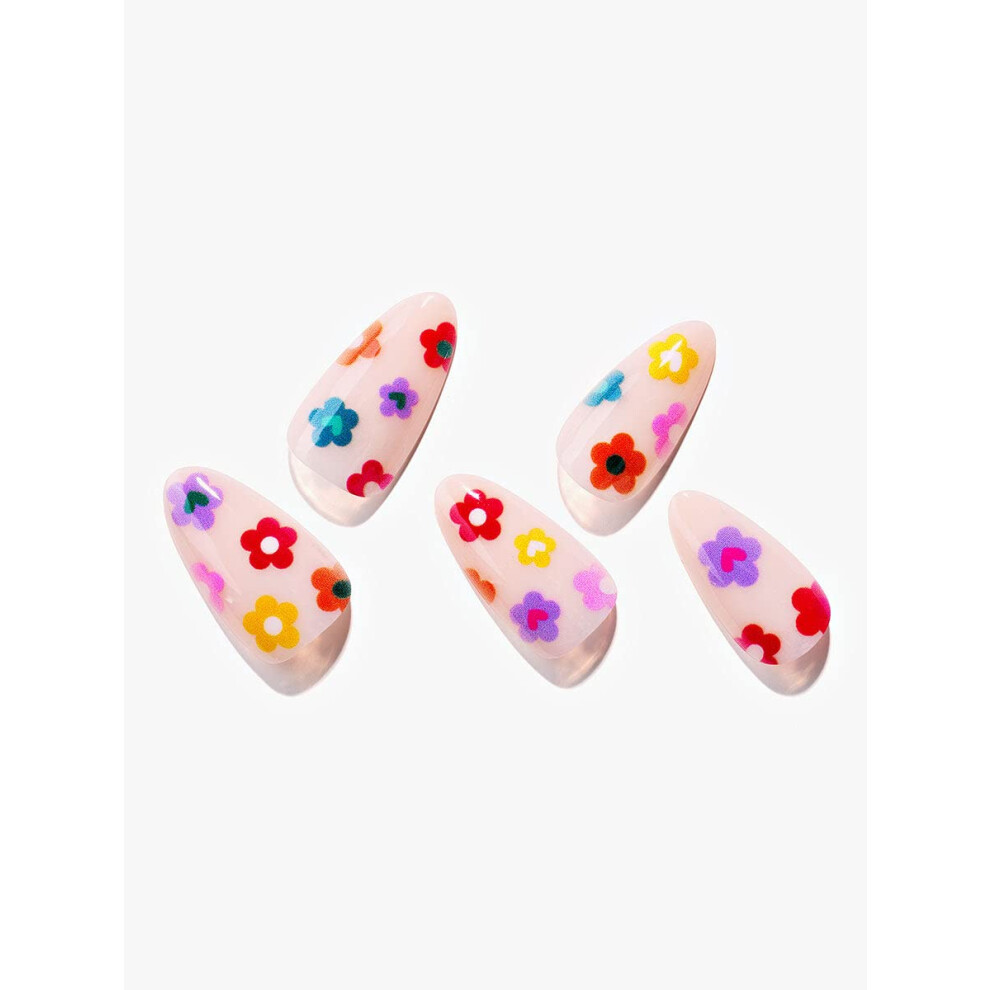 Reusable Medium Almond Press on Nails with Floral Design, Salon Gloss Finish Fake Nails Set