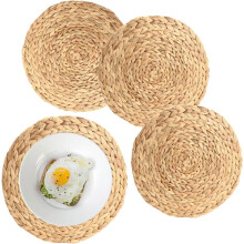 Round Woven Placemats Set of 4 (9.9"), Water Hyacinth Straw, Heat Resistant Non-Slip, Handmade for Dining Table Decor