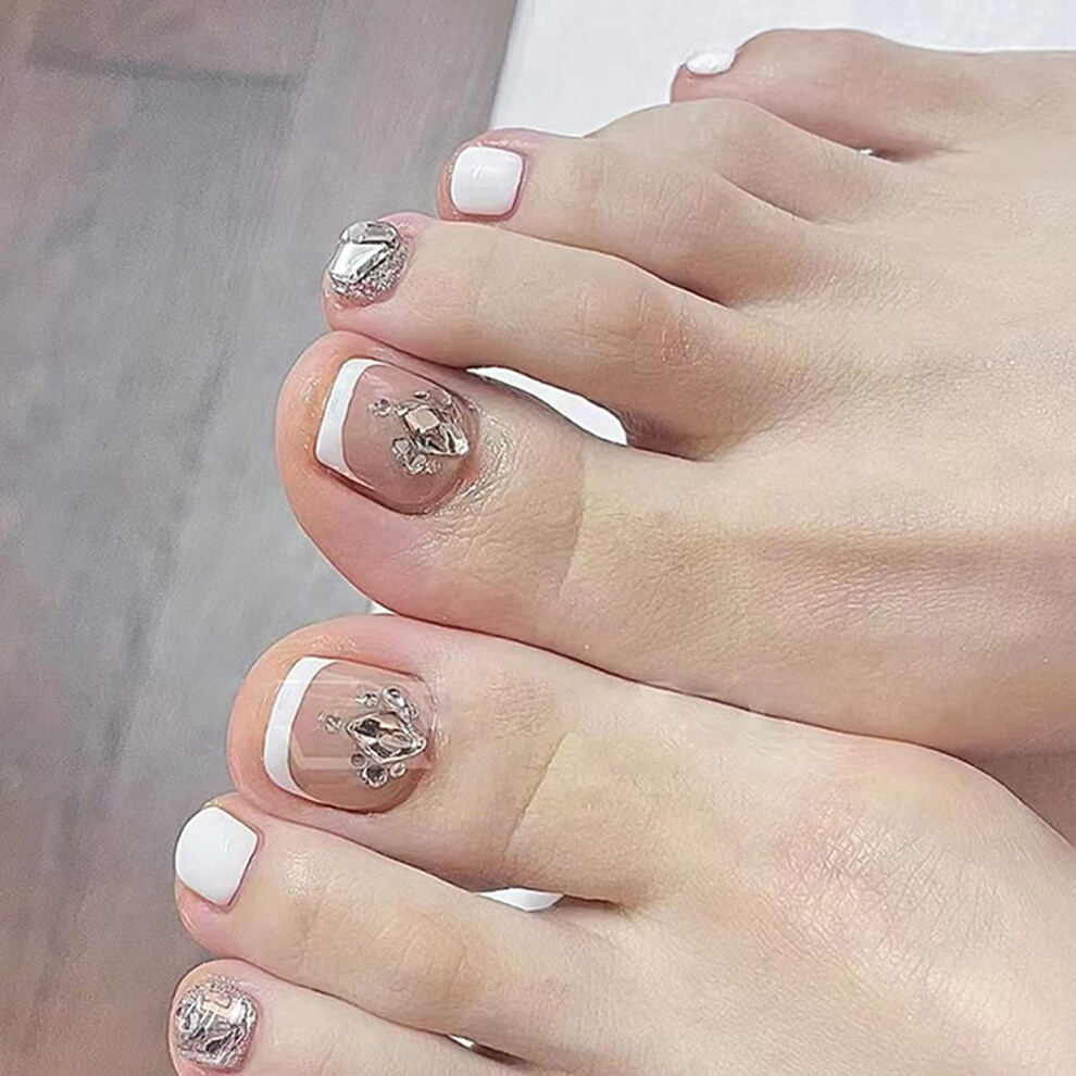 Pink,Cream Press On Toenails Nude Square Fake Toenails With Rhinestones Glitter French Tip Glossy Acrylic Toe Nail Tips Glue On 24Pcs Pink