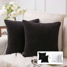 Fluffy Corduroy Velvet Solid Color Suqare Cusion Accent Decorative Throw Pillow for Couch, 20" x 20", Black, 2 Pack