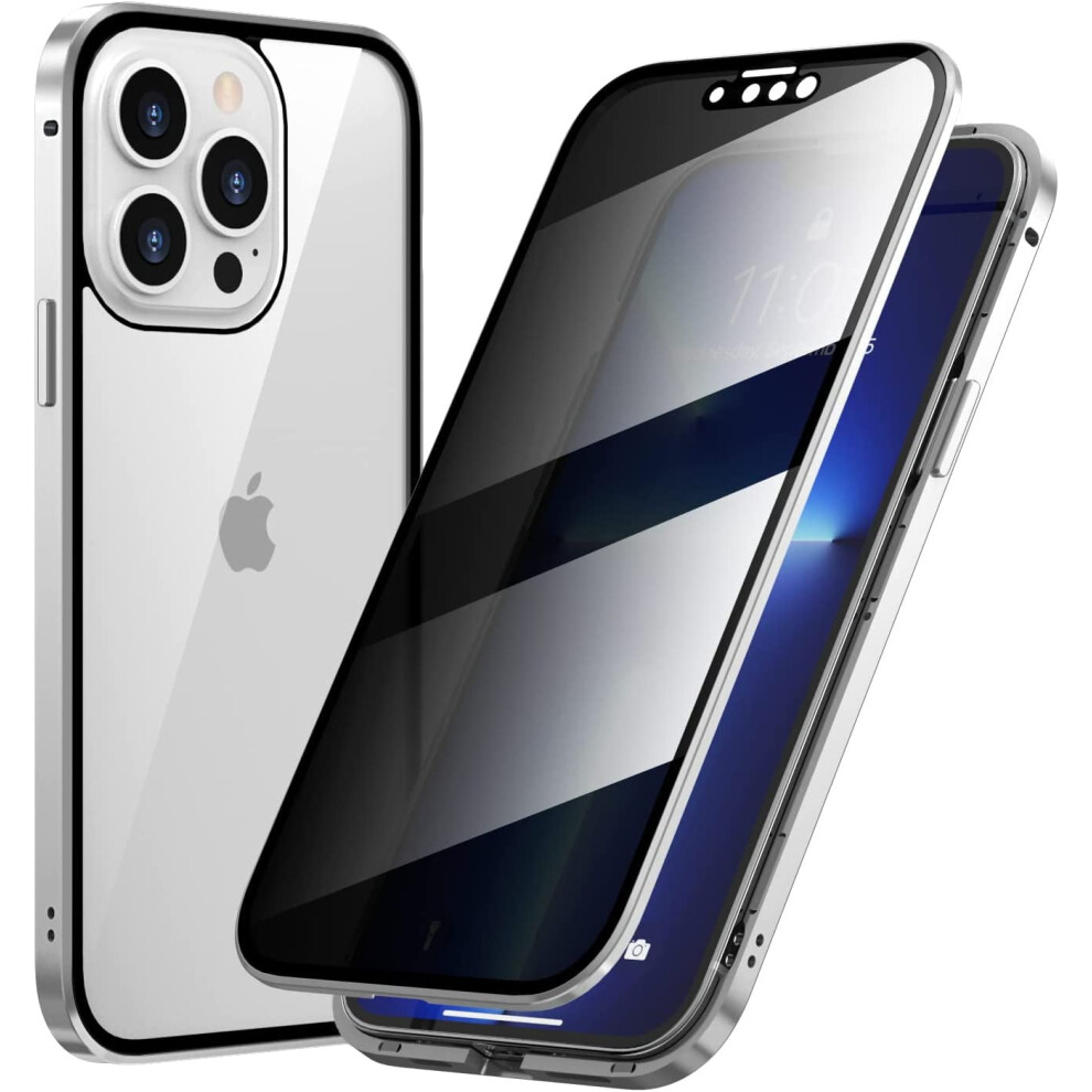 Anti Peeping Case For Iphone 14 Pro Max - Magnetic Glass Case With Camera Lens Protector, Privacy Screen, And Lock, Silver 9058772556523