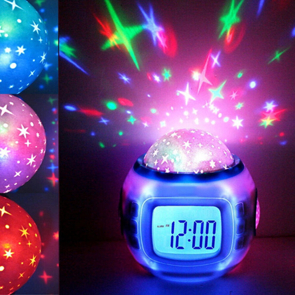 Meiiso Music Star Projection Alarm Clock, Led Kids Star Alarm With Calendar & Sky Projection, Home Decor Clock, White