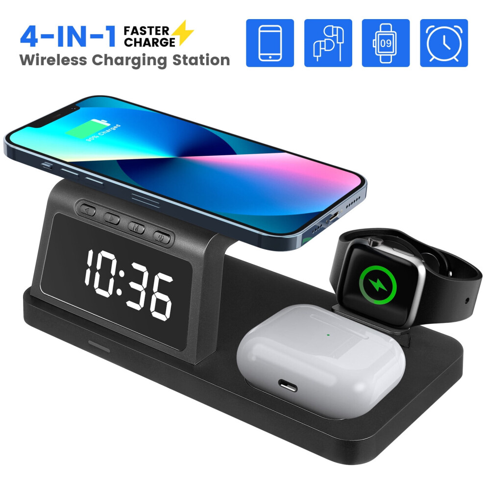 Wireless Charger,4 In 1 Wireless Charging Station With Digital Alarm Clock & Night ,15W Fast Charger Compatible With Iphone And More Light 9058772054777
