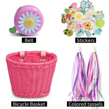 Kids Bicycle Basket Streamers Set, Wicker Basket with Streamers, 30PC Stickers, 2PC Tassels, 1PC Bell, compatible with kids bikes