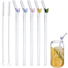 5-Pack Reusable Colored Butterfly Glass Straws with 2 Brushes, 0.31"x7.9" Durable Bent Straws for Smoothies, Milkshakes, Tea, Juice (7pcs)