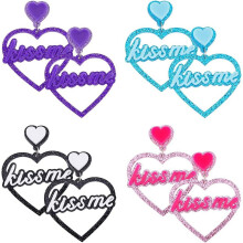 4 Pairs Double Heart Stud Earrings, Heart Shaped Lightweight Acrylic Dangle Drop Earrings with Word "Kiss Me", Sparkly Valentine's Day Gift for Woman