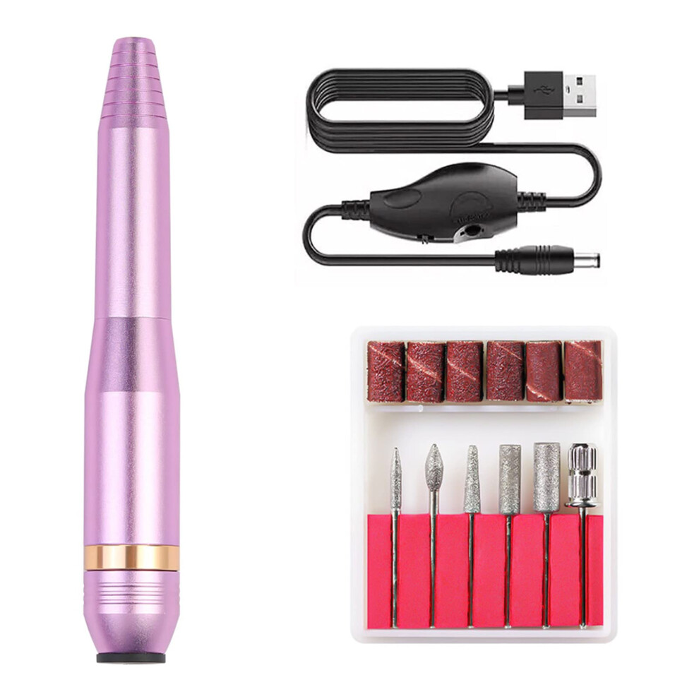 Purple/Gold Electric Nail Drill Pen 16000 Rpm Usb Manicure Pedicure Kit With 6 Bits For Home And Salon Use