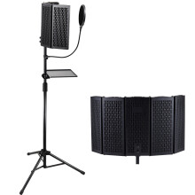 SKYSHALO 5 Panel Microphone Isolation Shield Floor Tripod with Pop Filter, Studio Mic Sound Absorbing Foam Reflector for Any Condenser