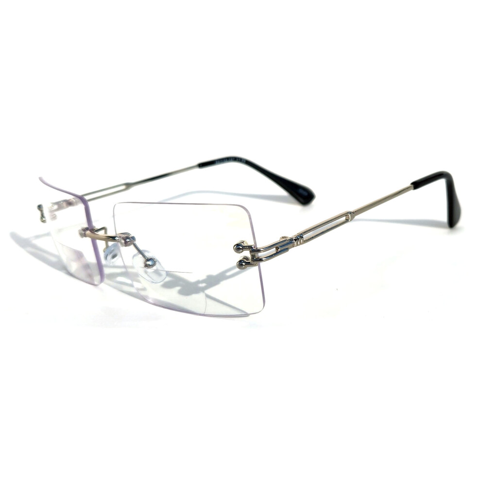 Blue Men Metal Rimless Anti Clear Lens Bifocal Reading Glasses - Computer Uv Protection Reader +2.50