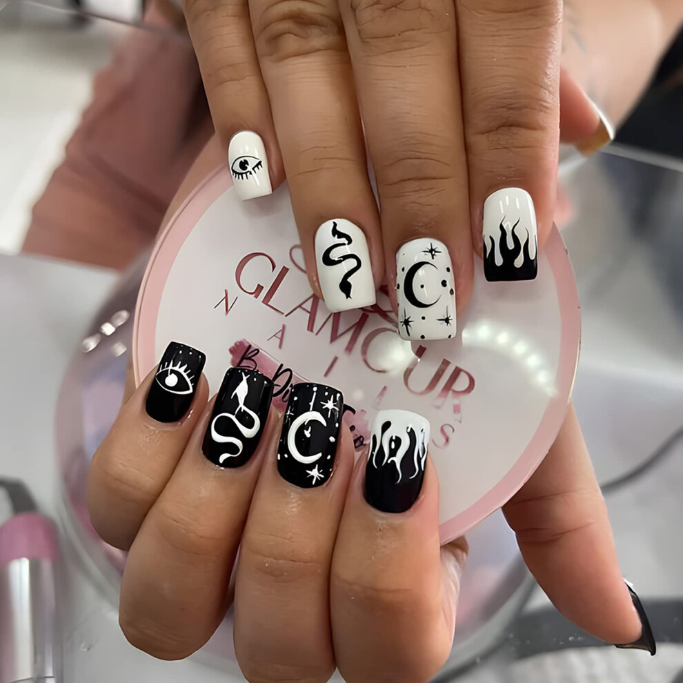 Black and White Gothic Press On Nails Short Coffin Fake Nails with Snake Moon Star Design 24PCS