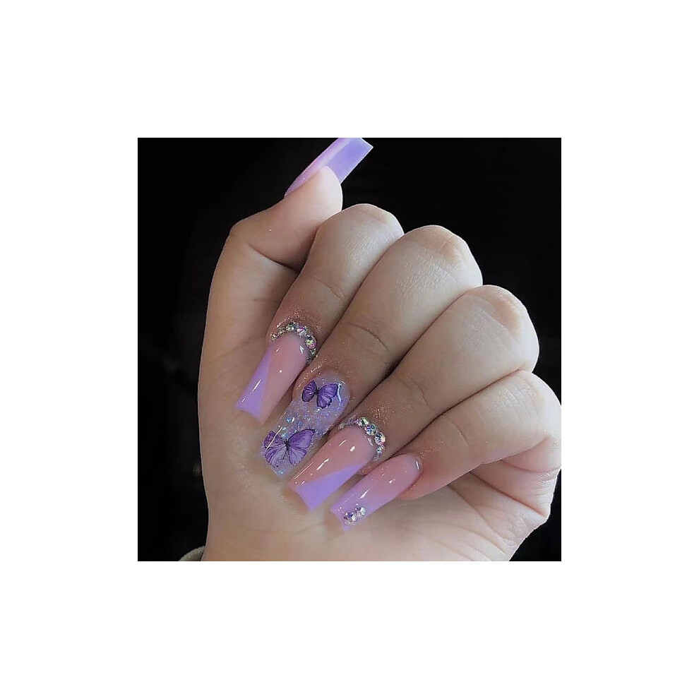 24 pieces taro butterfly (glue type) False nails, French ballerina