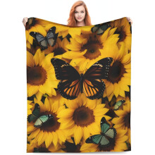 Sunflower Butterfly Floral Flannel Throw Blanket 60x50" Soft Lightweight Fuzzy Couch Bed Sofa Decor for Girls Women, Yellow