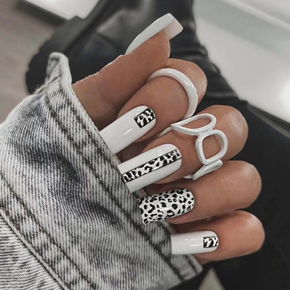White Medium Square Press On Nails Leopard Print Acrylic Fake Nails Reusable 24Pcs For Women