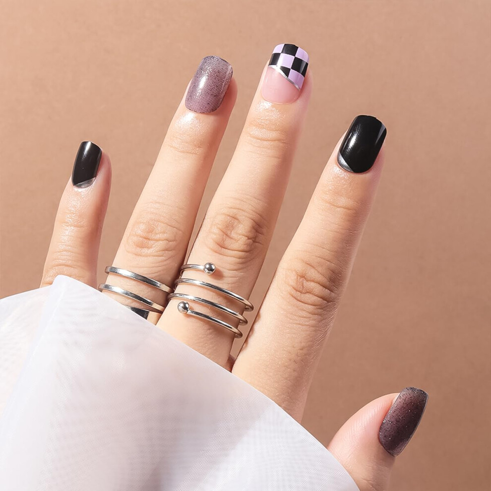 Black Short Square Press On Nails for Women, Reusable Glue On Acrylic False Nail Tips, 24 Pcs