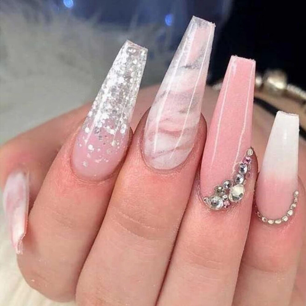 Pink Long Ombre Press On Nails With Rhinestones, Luxury Ballerina Fake Nails Set For Women