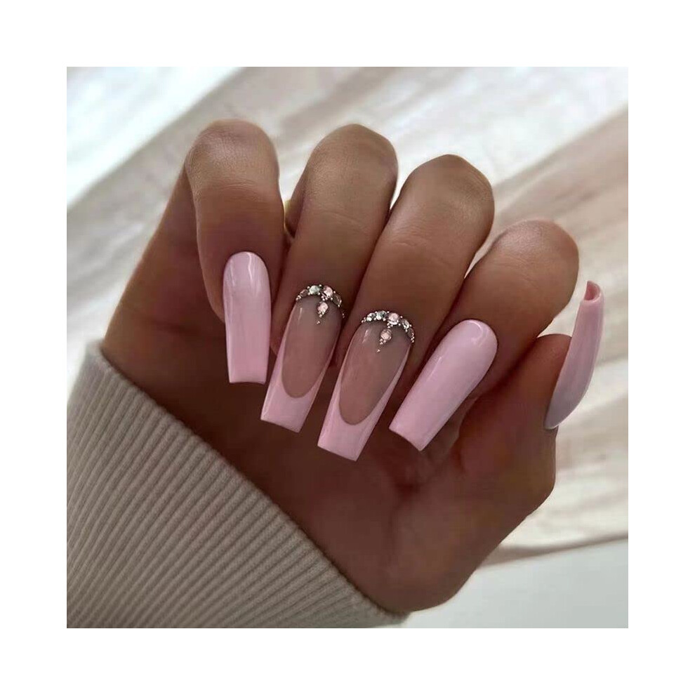 Pink,Cream Long Coffin Press On Nails Pink Acrylic Fake Nails With Rhinestones Nude Full Cover 24Pcs