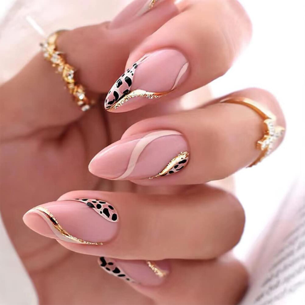 Almond Press On Nails 24PCS French Tip Medium Stiletto Fake Nails Glossy Swirl Design for Women