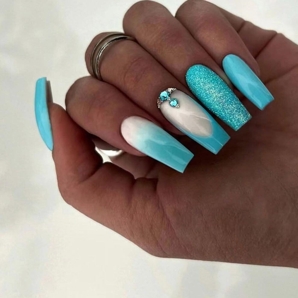 24pcs Long Coffin Press On Nails Kit with Glitter Rhinestones, Reusable False Nails for Women
